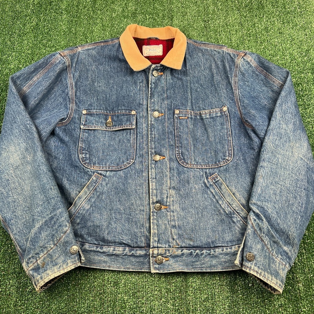 VTG Polo Ralph Lauren‎ Denim Trucker Jacket Men's S Blue Buffalo Plaid Lined 90s